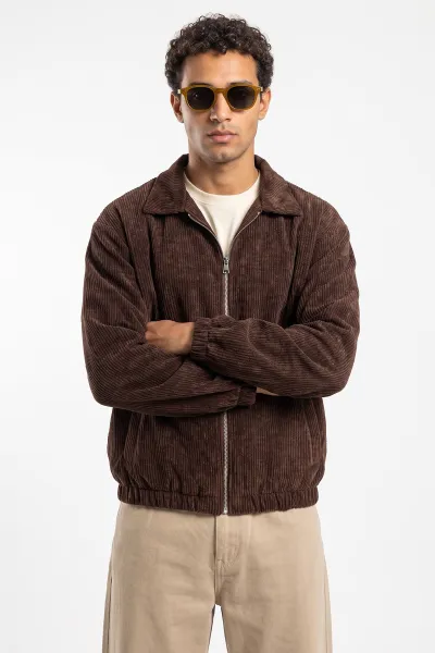 Kahverengi Kadife Oversize Fermuarlı Erkek Ceket 491700
