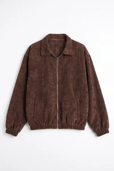 Kahverengi Kadife Oversize Fermuarlı Erkek Ceket 491700