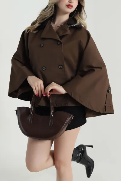 Kahverengi Kadife Yaka Yeni Sezon Kadın Panço Mont 492259