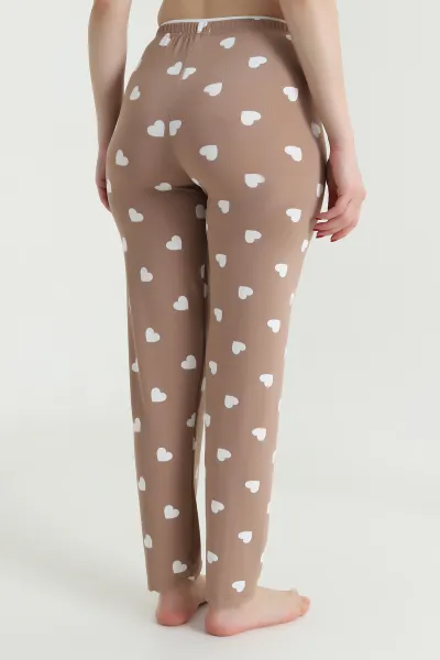 Kahverengi Kalp Desenli Beli Lastikli Kadın Pijama Altı 466375