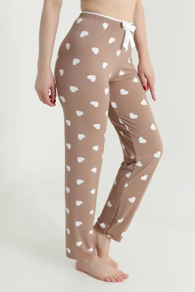 Kahverengi Kalp Desenli Beli Lastikli Kadın Pijama Altı 466375