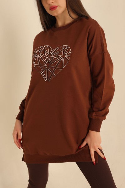 Kahverengi Kalp Gofre Baskılı Sweat 214403