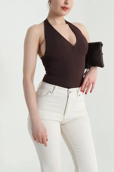 Kahverengi Kaplı Scuba Kumaş Zıbın Bluz 467300