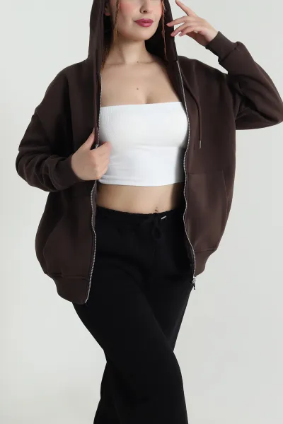 Kahverengi Kapşonlu Şardonlu Üç İp Kadın Sweat 482264
