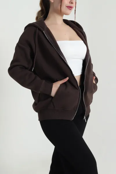 Kahverengi Kapşonlu Şardonlu Üç İp Kadın Sweat 482264