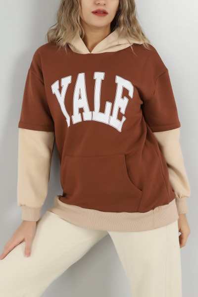 Kahverengi Kapüşonlu İçi Şardonlu Bayan Sweat 145563