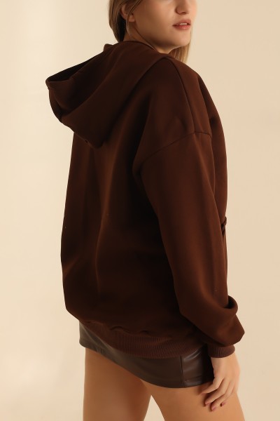 Kahverengi Kapüşonlu İçi Şardonlu Bayan Sweat 216586