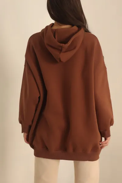 Kahverengi Kapüşonlu İçi Şardonlu Oversize Sweat 229547