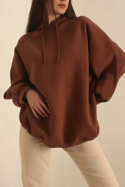 Kahverengi Kapüşonlu İçi Şardonlu Oversize Sweat 229547