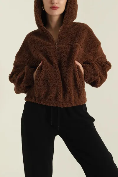 Kahverengi Kapüşonlu Kuzu Yumoş Kadın Sweat 419534