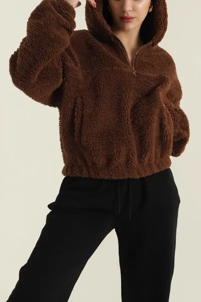 Kahverengi Kapüşonlu Kuzu Yumoş Kadın Sweat 419534