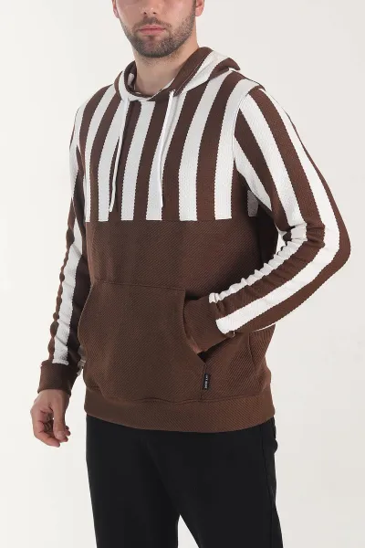 Kahverengi Kapüşonlu Şerit Detaylı Erkek Sweatshirt 408067