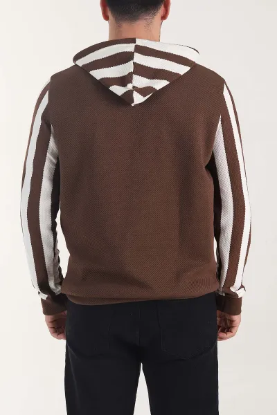 Kahverengi Kapüşonlu Şerit Detaylı Erkek Sweatshirt 408067