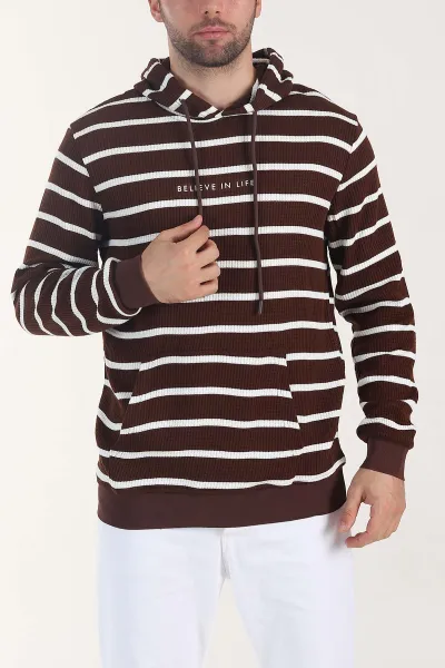 Kahverengi Kapüşonlu Yazı Detaylı Çizgili Erkek Sweatshirt 407970
