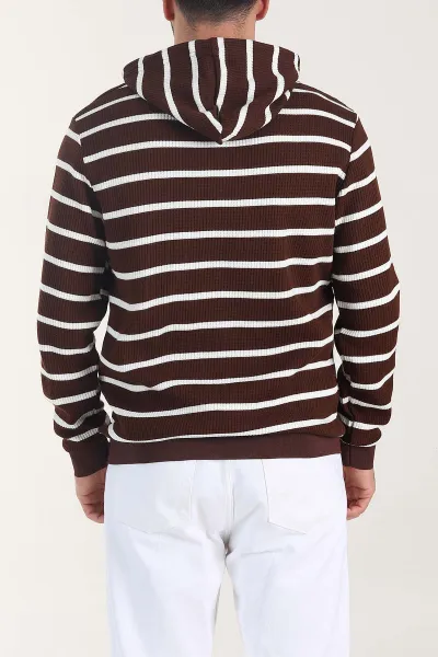 Kahverengi Kapüşonlu Yazı Detaylı Çizgili Erkek Sweatshirt 407970