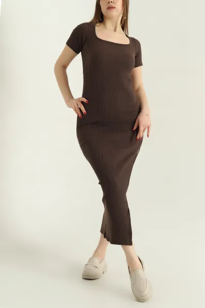 Kahverengi Kare Yaka Fitilli Elbise 336819