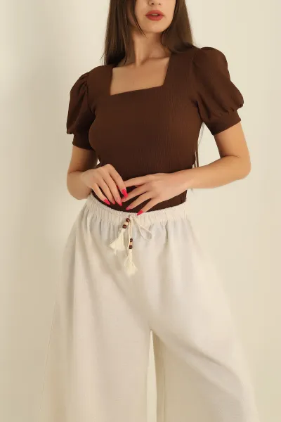 Kahverengi Kare Yaka Krinkıl Bluz 278154