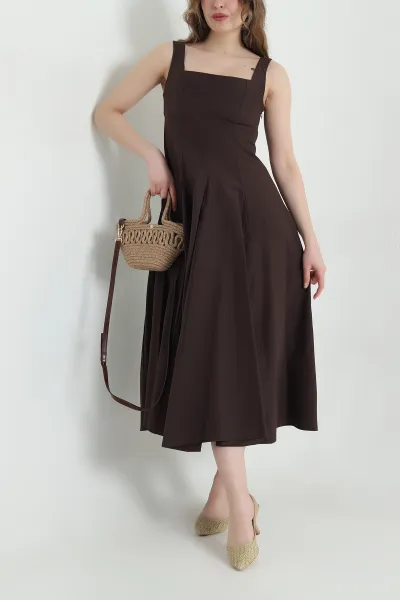 Kahverengi Kare Yaka Poplin Kadın Elbise 451073