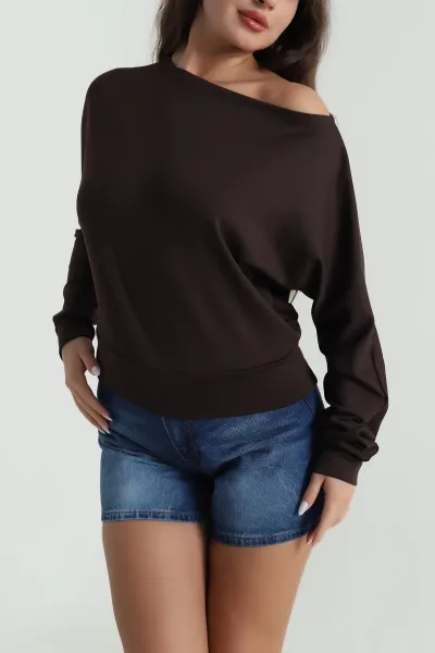 Kahverengi Kayık Yaka Modal Kadın Bluz 484699