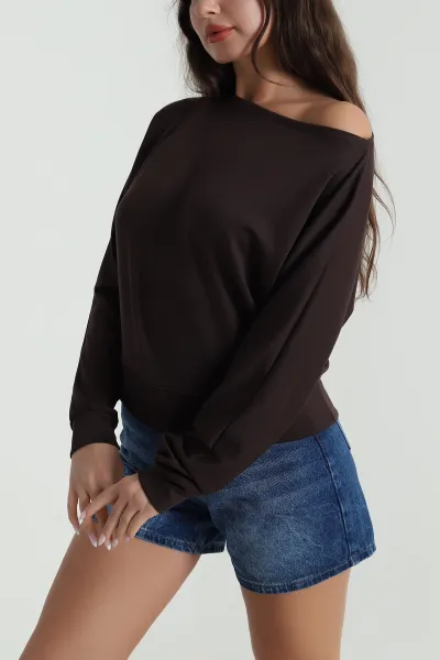 Kahverengi Kayık Yaka Modal Kadın Bluz 484699