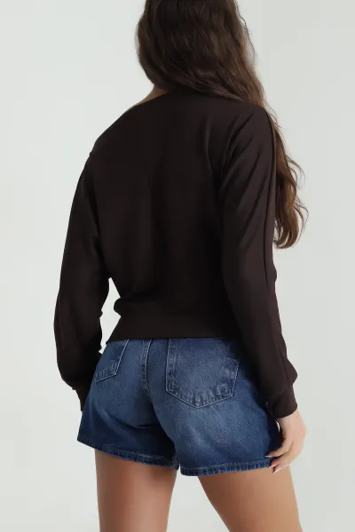 Kahverengi Kayık Yaka Modal Kadın Bluz 484699