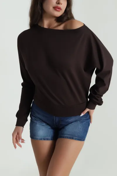 Kahverengi Kayık Yaka Modal Kadın Bluz 484699