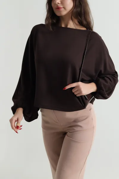 Kahverengi Kayık Yaka Modal Kadın Bluz 496117
