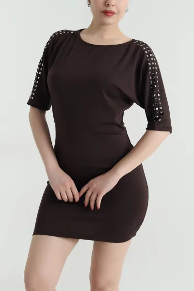 Kahverengi Kayık Yaka Taşlı Modal Kadın Elbise 467438