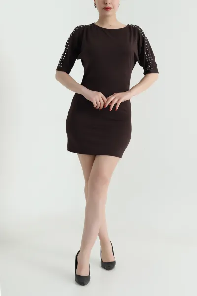 Kahverengi Kayık Yaka Taşlı Modal Kadın Elbise 467438