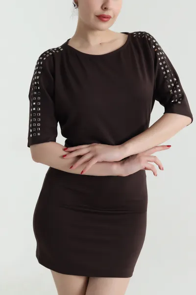 Kahverengi Kayık Yaka Taşlı Modal Kadın Elbise 467438