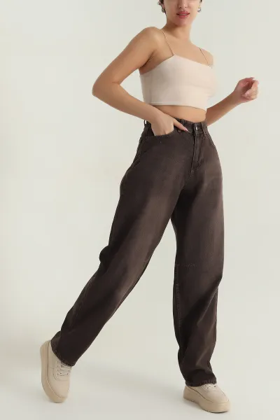 Kahverengi Kemer Detay Baggy Kadın Kot Pantolon 404626