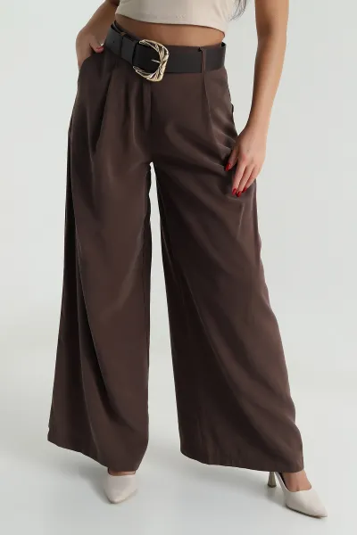Kahverengi Kemerli Bol Paça Kadın Modal Pantolon 489203