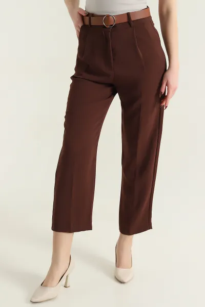 Kahverengi Kemerli İthal Crep Kadın Pantolon 436915