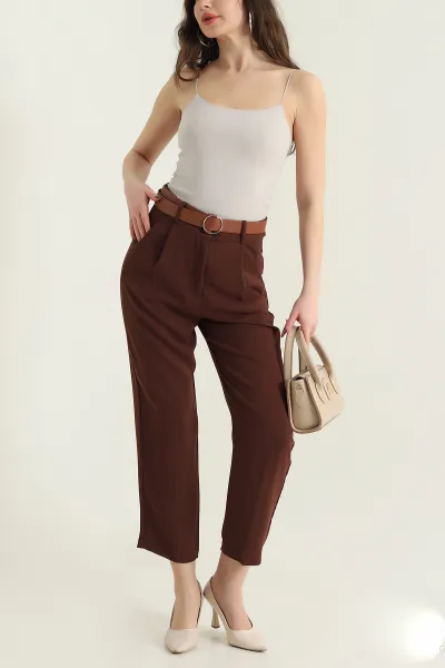 Kahverengi Kemerli İthal Crep Kadın Pantolon 436915