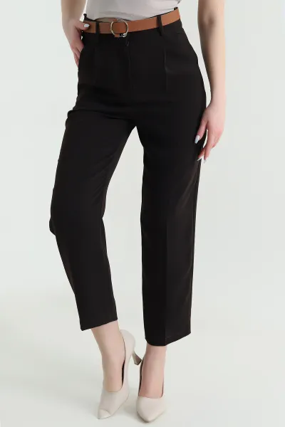 Kahverengi Kemerli İthal Crep Kadın Pantolon 446452