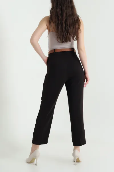 Kahverengi Kemerli İthal Crep Kadın Pantolon 446452