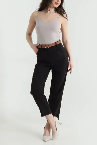 Kahverengi Kemerli İthal Crep Kadın Pantolon 446452