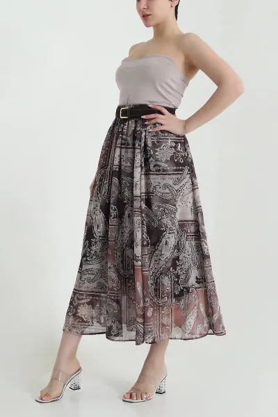 Kahverengi Kemerli Şifon Kadın Etek 460469