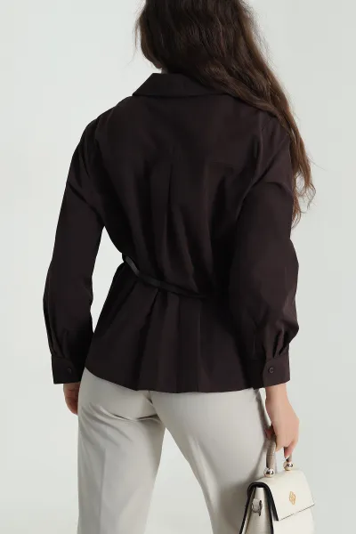 Kahverengi Kemerli Tasarım Poplin Kadın Gömlek 485580