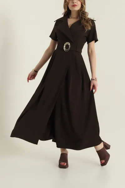 Kahverengi Kemerli Twill Kumaş kadın Elbise 425605