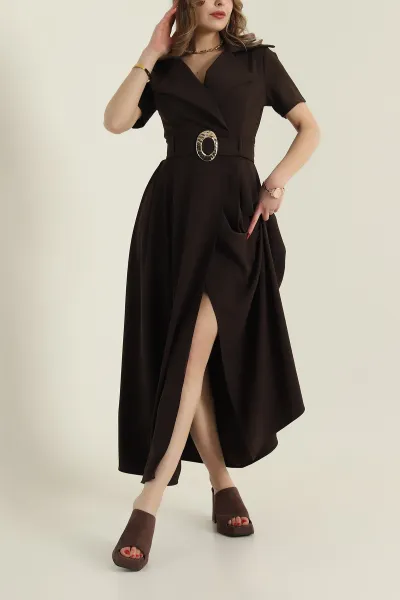 Kahverengi Kemerli Twill Kumaş kadın Elbise 425605