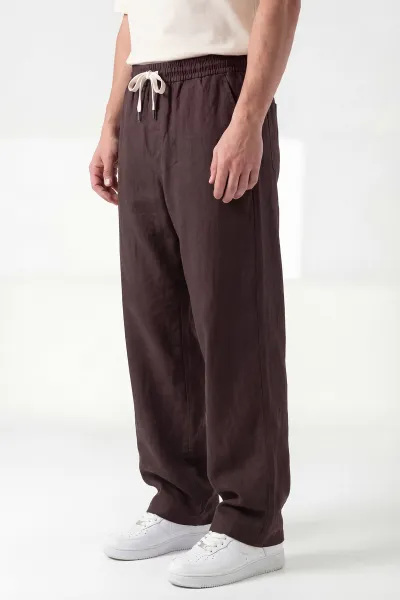 Kahverengi Keten Baggy Belden Bağlamalı Erkek Pantolon 442755