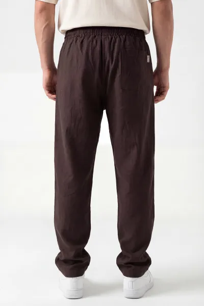 Kahverengi Keten Baggy Belden Bağlamalı Erkek Pantolon 442755