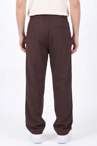 Kahverengi Keten Baggy Çizgi Detaylı Belden Bağlamalı Erkek Pantolon 466691
