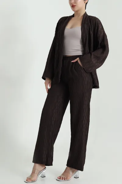 Kahverengi Kimono Pantolon Gofre Kadın İkili Takım 470021