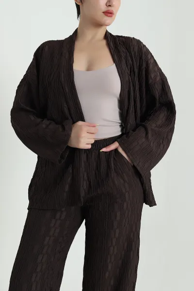 Kahverengi Kimono Pantolon Gofre Kadın İkili Takım 470021