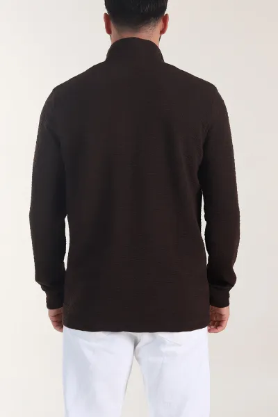 Kahverengi Kırınkıl Kumaş Yarım Fermuarlı Erkek Sweatshirt 406825