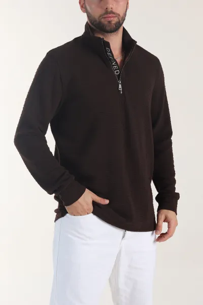 Kahverengi Kırınkıl Kumaş Yarım Fermuarlı Erkek Sweatshirt 406825