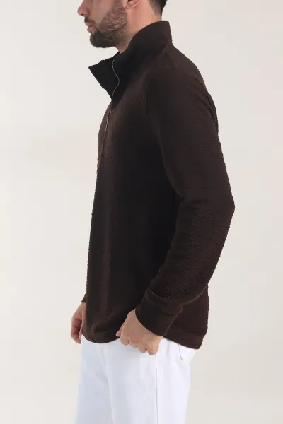 Kahverengi Kırınkıl Kumaş Yarım Fermuarlı Erkek Sweatshirt 406825