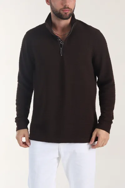 Kahverengi Kırınkıl Kumaş Yarım Fermuarlı Erkek Sweatshirt 406825